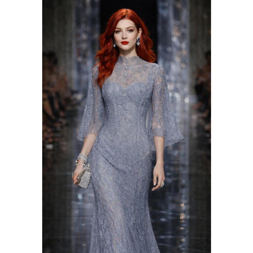 Mac Duggal Dusty Blue Gray Lace Gown Illusion Neck Capelet Sleeves V-Back sz 6